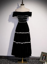 Black Velvet Off the Shoulder Pearls Short Prom Dress